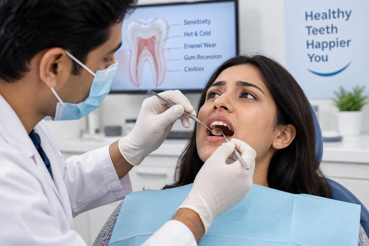 Dentist examining a tooth affected by sensitivity